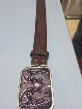 Men's Brown Tooled Leather Belt with Ornate Metal Buckle - Brown